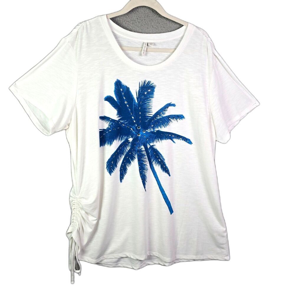 Live Well Lifestyle Palm Print Top Ivory Blue 22 24W Resort Wear